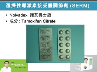 選擇性雌激素接受體調節劑 (SERM)
• Nolvadex 諾瓦得士錠
• 成分 : Tamoxifen Citrate
 