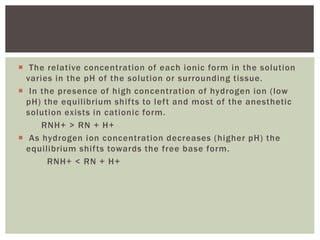  The relative concentration of each ionic form in the solution
varies in the pH of the solution or surrounding tissue.
 In the presence of high concentration of hydrogen ion (low
pH) the equilibrium shifts to left and most of the anesthetic
solution exists in cationic form.
RNH+ > RN + H+
 As hydrogen ion concentration decreases (higher pH) the
equilibrium shifts towards the free base form.
RNH+ < RN + H+
 