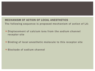 MECHANISM OF ACTION OF LOCAL ANESTHETICS
The following sequence is proposed mechanism of action of LA:
 Displacement of calcium ions from the sodium channel
receptor site
 Binding of local anesthetic molecule to this receptor site
 Blockade of sodium channel
 