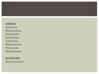 AMIDES
Articaine
Bupivacaine
Dibucaine
Etidocaine
Lidocaine
Mepivacaine
Prilocaine
Ropivacaine
QUINOLINE
Centbucridine
 