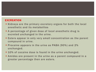 EXCREATION
 Kidneys are the primary excretory organs for both the local
anesthetic and its metabolites
 A percentage of given dose of local anesthetic drug is
excreted unchanged in the urine.
 Esters appear in only very small concentration as the parent
compound in urine.
 Procaine appears in the urine as PABA (90%) and 2%
unchanged.
 10% of cocaine dose is found in the urine unchanged.
 Amides are present in the urine as a parent compound in a
greater percentage then are esters.
 