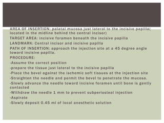 AREA OF INSERTION: palatal mucosa just lateral to the incisive papilla(
located in the midline behind the central incisor)
TARGET AREA: incisive foramen beneath the incisive papilla
LANDMARK: Central incisor and incisive papilla
PATH OF INSERTION: approach the injection site at a 45 degree angle
toward incisive papilla.
PROCEDURE:
-Assume the correct position
-prepare the tissue just lateral to the incisive papilla
-Place the bevel against the ischemic soft tissues at the injection site
-Straighten the needle and permit the bevel to penetrate the mucosa.
-Slowly advance the needle toward incisive foramen until bone is gently
contacted
-Withdraw the needle 1 mm to prevent subperiosteal injection
-Aspirate
-Slowly deposit 0.45 ml of local anesthetic solution
 