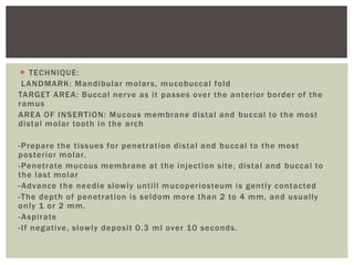  TECHNIQUE:
LANDMARK: Mandibular molars, mucobuccal fold
TARGET AREA: Buccal nerve as it passes over the anterior border of the
ramus
AREA OF INSERTION: Mucous membrane distal and buccal to the most
distal molar tooth in the arch
-Prepare the tissues for penetration distal and buccal to the most
posterior molar.
-Penetrate mucous membrane at the injection site, distal and buccal to
the last molar
-Advance the needle slowly untill mucoperiosteum is gently contacted
-The depth of penetration is seldom more than 2 to 4 mm, and usually
only 1 or 2 mm.
-Aspirate
-If negative, slowly deposit 0.3 ml over 10 seconds.
 