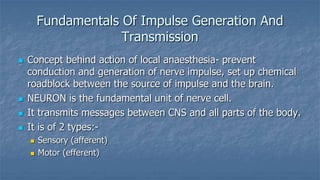 Fundamentals Of Impulse Generation And
Transmission






Concept behind action of local anaesthesia- prevent
conduction and generation of nerve impulse, set up chemical
roadblock between the source of impulse and the brain.
NEURON is the fundamental unit of nerve cell.
It transmits messages between CNS and all parts of the body.
It is of 2 types:


Sensory (afferent)
Motor (efferent)

 