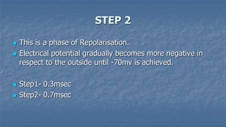 STEP 2






This is a phase of Repolarisation.
Electrical potential gradually becomes more negative in
respect to the outside until -70mv is achieved.
Step1- 0.3msec
Step2- 0.7msec

 