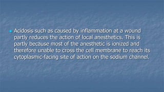 

Acidosis such as caused by inflammation at a wound
partly reduces the action of local anesthetics. This is
partly because most of the anesthetic is ionized and
therefore unable to cross the cell membrane to reach its
cytoplasmic-facing site of action on the sodium channel.

 