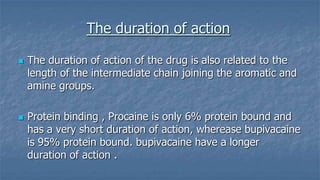 The duration of action




The duration of action of the drug is also related to the
length of the intermediate chain joining the aromatic and
amine groups.
Protein binding , Procaine is only 6% protein bound and
has a very short duration of action, wherease bupivacaine
is 95% protein bound. bupivacaine have a longer
duration of action .

 