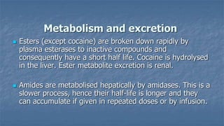 Metabolism and excretion




Esters (except cocaine) are broken down rapidly by
plasma esterases to inactive compounds and
consequently have a short half life. Cocaine is hydrolysed
in the liver. Ester metabolite excretion is renal.
Amides are metabolised hepatically by amidases. This is a
slower process, hence their half-life is longer and they
can accumulate if given in repeated doses or by infusion.

 