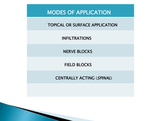 MODES OF APPLICATION 
TOPICAL OR SURFACE APPLICATION 
INFILTRATIONS 
NERVE BLOCKS 
FIELD BLOCKS 
CENTRALLY ACTING (SPINAL) 
 