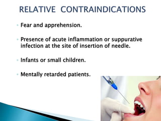 ◦ Fear and apprehension. 
◦ Presence of acute inflammation or suppurative 
infection at the site of insertion of needle. 
◦ Infants or small children. 
◦ Mentally retarded patients. 
 