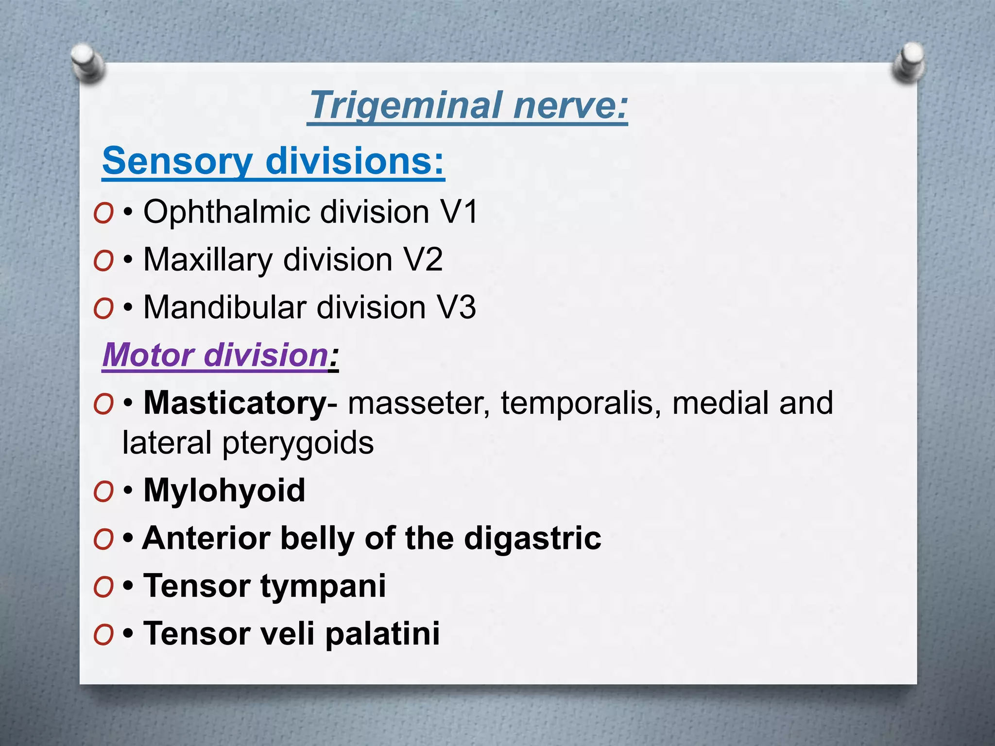 Trigeminal nerve:
Sensory divisions:
O • Ophthalmic division V1
O • Maxillary division V2
O • Mandibular division V3
Motor division:
O • Masticatory- masseter, temporalis, medial and
lateral pterygoids
O • Mylohyoid
O • Anterior belly of the digastric
O • Tensor tympani
O • Tensor veli palatini
 