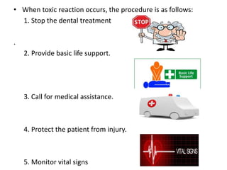 • When toxic reaction occurs, the procedure is as follows:
1. Stop the dental treatment
.
2. Provide basic life support.
3. Call for medical assistance.
4. Protect the patient from injury.
5. Monitor vital signs
 