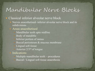  Lingual nerve block –
 Area anaesthetised –
 Anterior 2/3rd tongue, floor of mouth, lingual mucoperiosteum
Only used s...