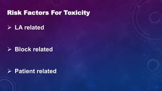 Risk Factors For Toxicity
 LA related
 Block related
 Patient related
 