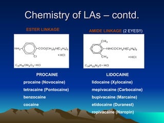 Chemistry of LAs – contd.
Chemistry of LAs – contd.
ESTER LINKAGE AMIDE LINKAGE (2 EYES!!)
PROCAINE
procaine (Novocaine)
tetracaine (Pontocaine)
benzocaine
cocaine
LIDOCAINE
lidocaine (Xylocaine)
mepivacaine (Carbocaine)
bupivacaine (Marcaine)
etidocaine (Duranest)
ropivacaine (Naropin)
 