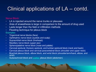 Clinical applications of LA – contd.
Clinical applications of LA – contd.
Nerve Block:
- LA is injected around the nerve trunks or plexuses
- Area of anaesthesia is large in comparison to the amount of drug used
- Lasts longer than the field or infiltration methods
- Flooding technique for plexus block
Examples:
- Trigeminal nerve blocks (face)
- Ophthalmic nerve block (eyelids and scalp)
- Supraorbital nerve block (forehead)
- Maxillary nerve block (upper jaw)
- Sphenopalatine nerve block (nose and palate)
- Cervical epidural, thoracic epidural, and lumbar epidural block (neck and back)
- Cervical plexus block and cervical paravertebral block (shoulder and upper neck)
- Brachial plexus block, elbow block, and wrist block (shoulder/arm/hand, elbow, and
wrist)
- Subarachnoid block and coeliac plexus block (abdomen)
 