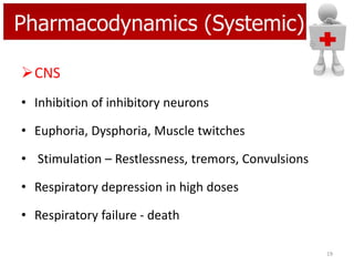 Pharmacodynamics (Systemic)
CNS
• Inhibition of inhibitory neurons
• Euphoria, Dysphoria, Muscle twitches
• Stimulation – Restlessness, tremors, Convulsions
• Respiratory depression in high doses
• Respiratory failure - death
19

 
