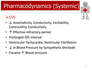 Pharmacodynamics (Systemic)
CVS
• ↓ Automaticity, Conductivity, Excitability,
Contractility, Conductivity
• ↑ Effective refractory period
• Prolonged QTc interval
• Ventricular Tachycardia, Ventricular Fibrillation
• ↓ in Blood Pressure by Sympathetic blockade
• Cocaine ↑ Blood pressure

20

 