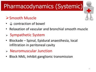 Pharmacodynamics (Systemic)
Smooth Muscle
• ↓ contraction of bowel
• Relaxation of vascular and bronchial smooth muscle


Sympathetic System

• Blockade – Spinal, Epidural anaesthesia, local
infiltration in peritoneal cavity


Neuromuscular Junction

• Block NMJ, Inhibit ganglionic transmission

21

 