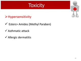 Toxicity
Hypersensitivity

 Esters> Amides (Methyl Paraben)
 Asthmatic attack

 Allergic dermatitis

28

 