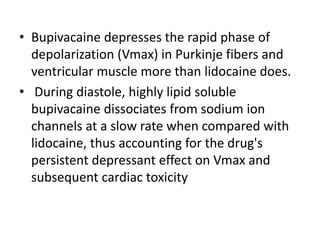 • Bupivacaine depresses the rapid phase of
depolarization (Vmax) in Purkinje fibers and
ventricular muscle more than lidocaine does.
• During diastole, highly lipid soluble
bupivacaine dissociates from sodium ion
channels at a slow rate when compared with
lidocaine, thus accounting for the drug's
persistent depressant effect on Vmax and
subsequent cardiac toxicity
 