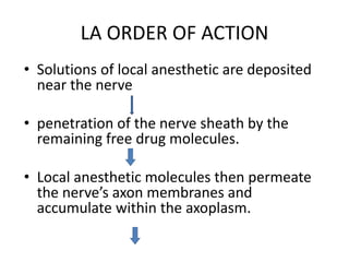 LA ORDER OF ACTION
• Solutions of local anesthetic are deposited
near the nerve
• penetration of the nerve sheath by the
remaining free drug molecules.
• Local anesthetic molecules then permeate
the nerve’s axon membranes and
accumulate within the axoplasm.
 