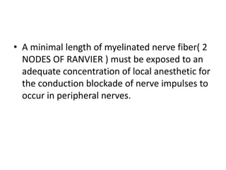• A minimal length of myelinated nerve fiber( 2
NODES OF RANVIER ) must be exposed to an
adequate concentration of local anesthetic for
the conduction blockade of nerve impulses to
occur in peripheral nerves.
 
