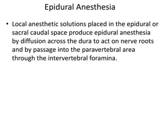 Epidural Anesthesia
• Local anesthetic solutions placed in the epidural or
sacral caudal space produce epidural anesthesia
by diffusion across the dura to act on nerve roots
and by passage into the paravertebral area
through the intervertebral foramina.
 