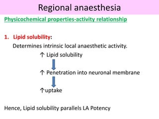 Regional anaesthesia
Physicochemical properties-activity relationship
1. Lipid solubility:
Determines intrinsic local anaesthetic activity.
↑ Lipid solubility
↑ Penetration into neuronal membrane
↑uptake
Hence, Lipid solubility parallels LA Potency
 