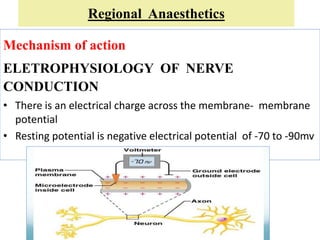 Regional Anaesthetics
Mechanism of action
ELETROPHYSIOLOGY OF NERVE
CONDUCTION
• There is an electrical charge across the membrane- membrane
potential
• Resting potential is negative electrical potential of -70 to -90mv
 