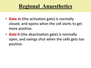Regional Anaesthetics
• Gate m (the activation gate) is normally
closed, and opens when the cell starts to get
more positive.
• Gate h (the deactivation gate) is normally
open, and swings shut when the cells gets too
positive.
 