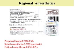 Regional Anaesthetics
Peripheral block-0.25%-0.5%
Spinal anaesthesia-0.5%(Hyperbaric)
Epidural anaesthesia-0.25%-0.5%
 