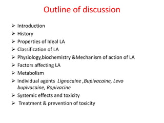 Outline of discussion
 Introduction
 History
 Properties of Ideal LA
 Classification of LA
 Physiology,biochemistry &Mechanism of action of LA
 Factors affecting LA
 Metabolism
 Individual agents Lignocaine ,Bupivacaine, Levo
bupivacaine, Ropivacine
 Systemic effects and toxicity
 Treatment & prevention of toxicity
 