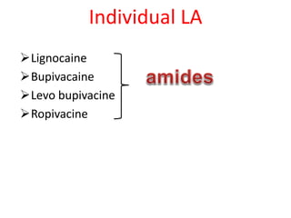 Individual LA
Lignocaine
Bupivacaine
Levo bupivacine
Ropivacine
 