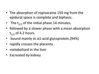 • The absorption of ropivacaine 150 mg from the
epidural space is complete and biphasic.
• The t1/2 of the initial phase 14 minutes,
• followed by a slower phase with a mean absorption
t1/2 of 4.2 hours.
• bound mainly to α1-acid glycoprotein.(94%)
• rapidly crosses the placenta .
• metabolised in the liver
• Excreated by kidney
 