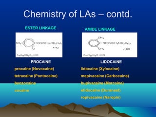 Chemistry of LAs – contd.
ESTER LINKAGE AMIDE LINKAGE
PROCAINE
procaine (Novocaine)
tetracaine (Pontocaine)
benzocaine
cocaine
LIDOCAINE
lidocaine (Xylocaine)
mepivacaine (Carbocaine)
bupivacaine (Marcaine)
etidocaine (Duranest)
ropivacaine (Naropin)
 