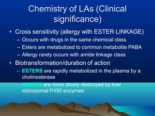 Chemistry of LAs (Clinical
significance)
• Cross sensitivity (allergy with ESTER LINKAGE)
– Occurs with drugs in the same chemical class
– Esters are metabolized to common metabolite PABA
– Allergy rarely occurs with amide linkage class
• Biotransformation/duration of action
– ESTERS are rapidly metabolized in the plasma by a
cholinesterase
– AMIDES are more slowly destroyed by liver
microsomal P450 enzymes.
 