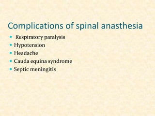 Complications of spinal anasthesia
 Respiratory paralysis
 Hypotension
 Headache
 Cauda equina syndrome
 Septic meningitis
 