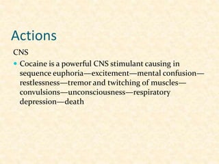 Actions
CNS
 Cocaine is a powerful CNS stimulant causing in
sequence euphoria—excitement—mental confusion—
restlessness—tremor and twitching of muscles—
convulsions—unconsciousness—respiratory
depression—death
 