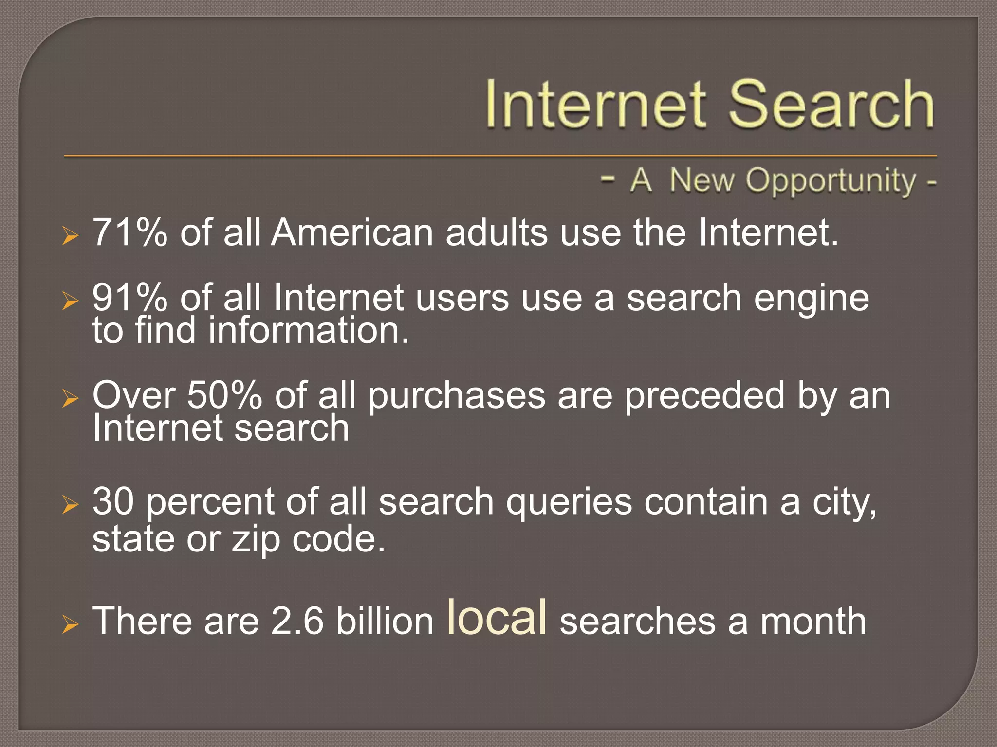 Internet Search - A  New Opportunity -71% of all American adults use the Internet.