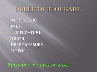 AUTONOMIC
 PAIN
 TEMPERATURE
 TOUCH
 DEEP PRESSURE
 MOTOR
Recovery in reverse order
 
