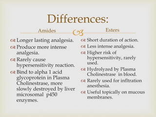 
Differences:
Amides
 Longer lasting analgesia.
 Produce more intense
analgesia.
 Rarely cause
hypersensitivity reaction.
 Bind to alpha 1 acid
glycoprotein in Plasma
Cholinestrase, more
slowly destroyed by liver
microsomal p450
enzymes.
Esters
 Short duration of action.
 Less intense analgesia.
 Higher risk of
hypersensitivity, rarely
used.
 Hydrolyzed by Plasma
Cholinestrase in blood.
 Rarely used for infltration
anesthesia.
 Useful topically on mucous
membranes.
 