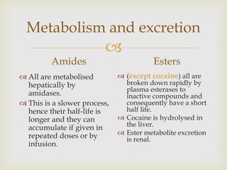 
Metabolism and excretion
Amides
 All are metabolised
hepatically by
amidases.
 This is a slower process,
hence their half-life is
longer and they can
accumulate if given in
repeated doses or by
infusion.
Esters
 (except cocaine) all are
broken down rapidly by
plasma esterases to
inactive compounds and
consequently have a short
half life.
 Cocaine is hydrolysed in
the liver.
 Ester metabolite excretion
is renal.
 