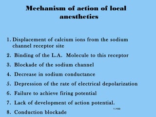 1 /1031 /103
Mechanism of action of local
anesthetics
1. Displacement of calcium ions from the sodium
channel receptor site
2. Binding of the L.A. Molecule to this receptor
3. Blockade of the sodium channel
4. Decrease in sodium conductance
5. Depression of the rate of electrical depolarization
6. Failure to achieve firing potential
7. Lack of development of action potential.
8. Conduction blockade
 