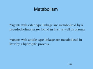 1 /1031 /103
Metabolism
•Agents with ester type linkage are metabolized by a
pseudocholinesterase found in liver as well as plasma.
•Agents with amide type linkage are metabolized in
liver by a hydrolytic process.
 