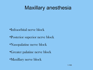 1 /1031 /103
Maxillary anesthesia
•Infraorbital nerve block
•Posterior superior nerve block
•Nasopalatine nerve block
•Greater palatine nerve block
•Maxillary nerve block
 