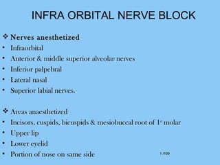 1 /1031 /103
INFRA ORBITAL NERVE BLOCK
 Nerves anesthetizedNerves anesthetized
• InfraorbitalInfraorbital
• Anterior & middle superior alveolar nervesAnterior & middle superior alveolar nerves
• Inferior palpebralInferior palpebral
• Lateral nasalLateral nasal
• Superior labial nerves.Superior labial nerves.
 Areas anaesthetizedAreas anaesthetized
• Incisors, cuspids, bicuspids & mesiobuccal root of 1Incisors, cuspids, bicuspids & mesiobuccal root of 1stst
molarmolar
• Upper lipUpper lip
• Lower eyelidLower eyelid
• Portion of nose on same sidePortion of nose on same side
 