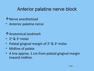 1 /1031 /103
Anterior palatine nerve block
Nerve anesthetized
• Anterior palatine nerve
Anatomical landmark
• 2nd
& 3rd
molar
• Palatal gingival margin of 2nd
& 3rd
molar
• Midline of palate
• A line approx. 1 cm from palatal gingival margin
toward midline.
 