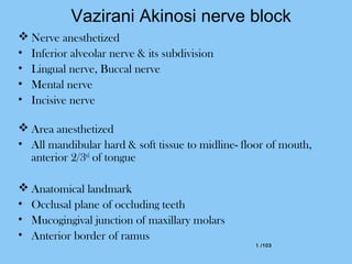 1 /1031 /103
Vazirani Akinosi nerve block
 Nerve anesthetized
• Inferior alveolar nerve & its subdivision
• Lingual nerve, Buccal nerve
• Mental nerve
• Incisive nerve
 Area anesthetized
• All mandibular hard & soft tissue to midline- floor of mouth,
anterior 2/3rd
of tongue
 Anatomical landmark
• Occlusal plane of occluding teeth
• Mucogingival junction of maxillary molars
• Anterior border of ramus
 