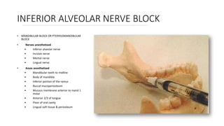 INFERIOR ALVEOLAR NERVE BLOCK
• MANDIBULAR BLOCK OR PTERYGOMANDIBULAR
BLOCK
• Nerves anesthetized
• Inferior alveolar nerve
• Incisive nerve
• Mental nerve
• Lingual nerve
• Areas anesthetized
• Mandibular teeth to midline
• Body of mandible
• Inferior portion of the ramus
• Buccal mucoperiosteum
• Mucous membrane anterior to mand 1
molar
• Anterior 2/3 of tongue
• Floor of oral cavity
• Lingual soft tissue & periosteum
 